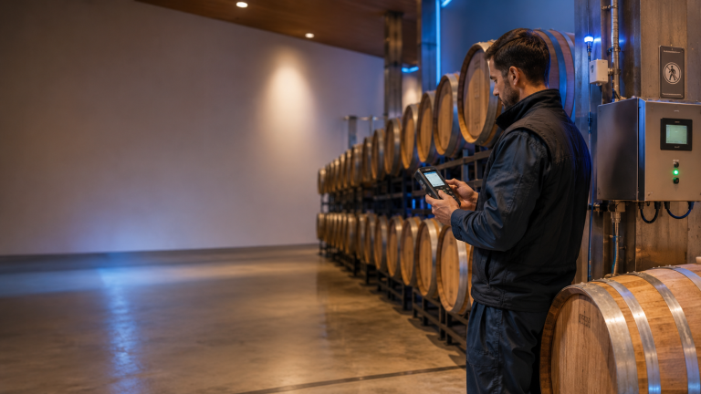 Técnico controlando la seguridad de un tratamiento con ozono en una bodega