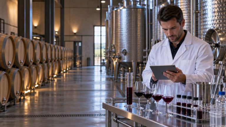 Enólogo analizando muestras de vino para evaluar el riesgo de desarrollo de Brettanomyces.